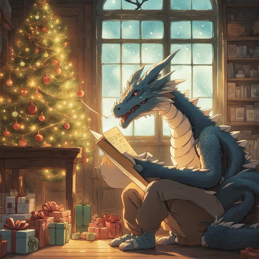 Christmas Dragon with List in Ghibli Style
