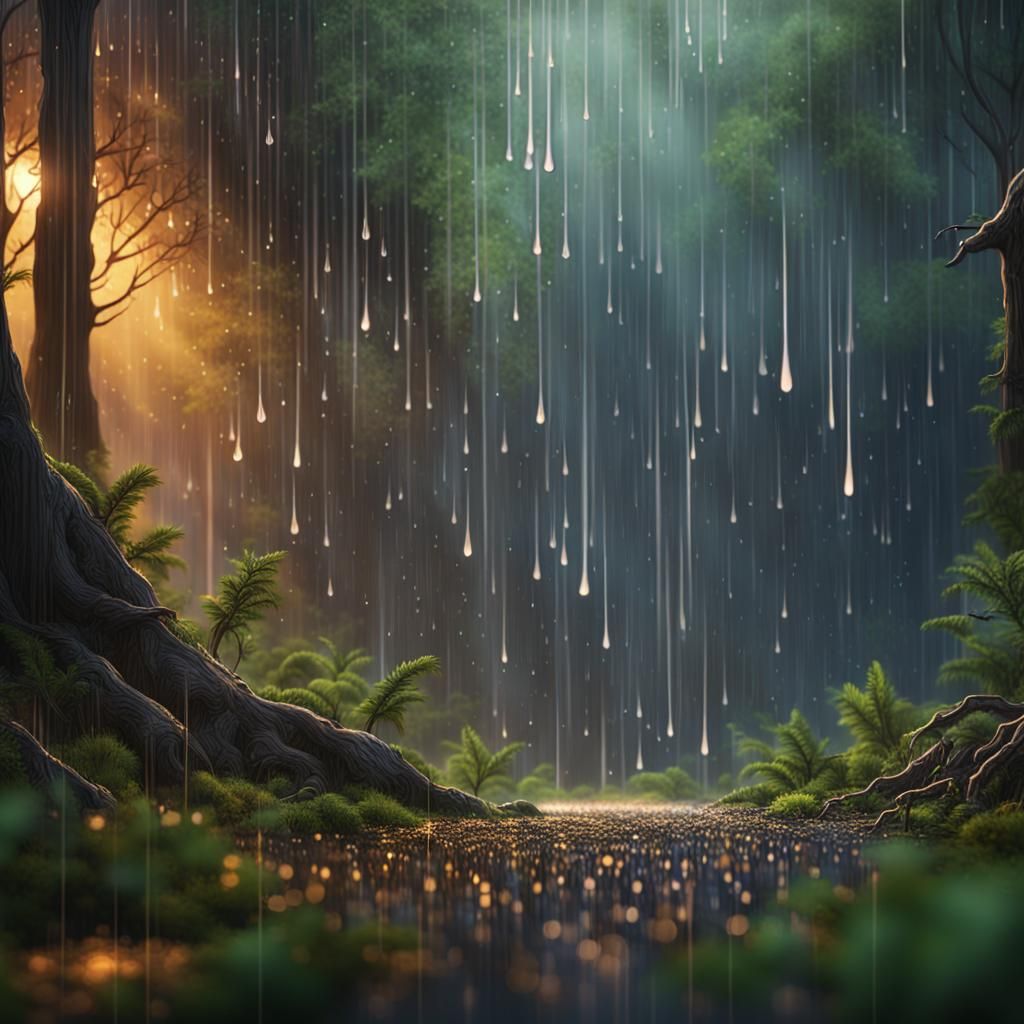 Glowing Raindrops in Dense Forest: Hyperrealistic Splash Art
