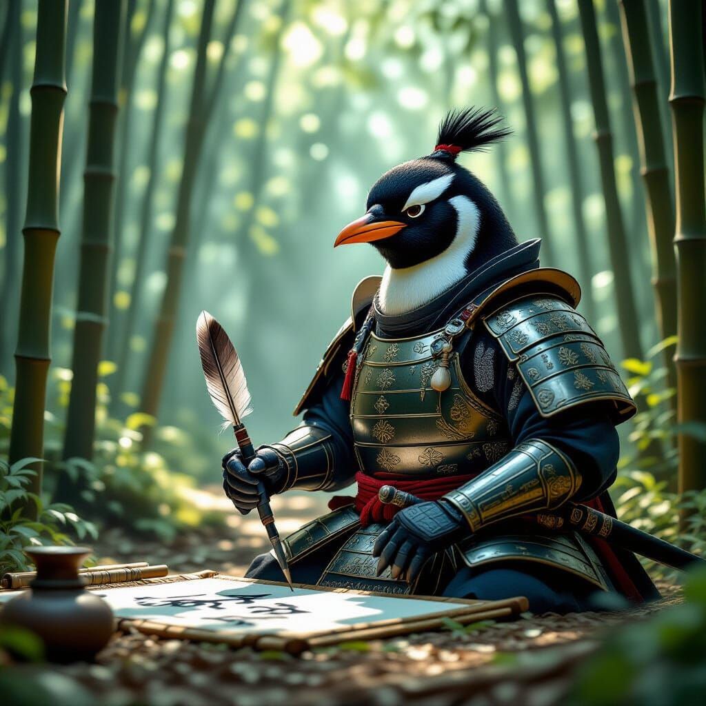 Samurai Penguin Practices Calligraphy in Bamboo Forest
