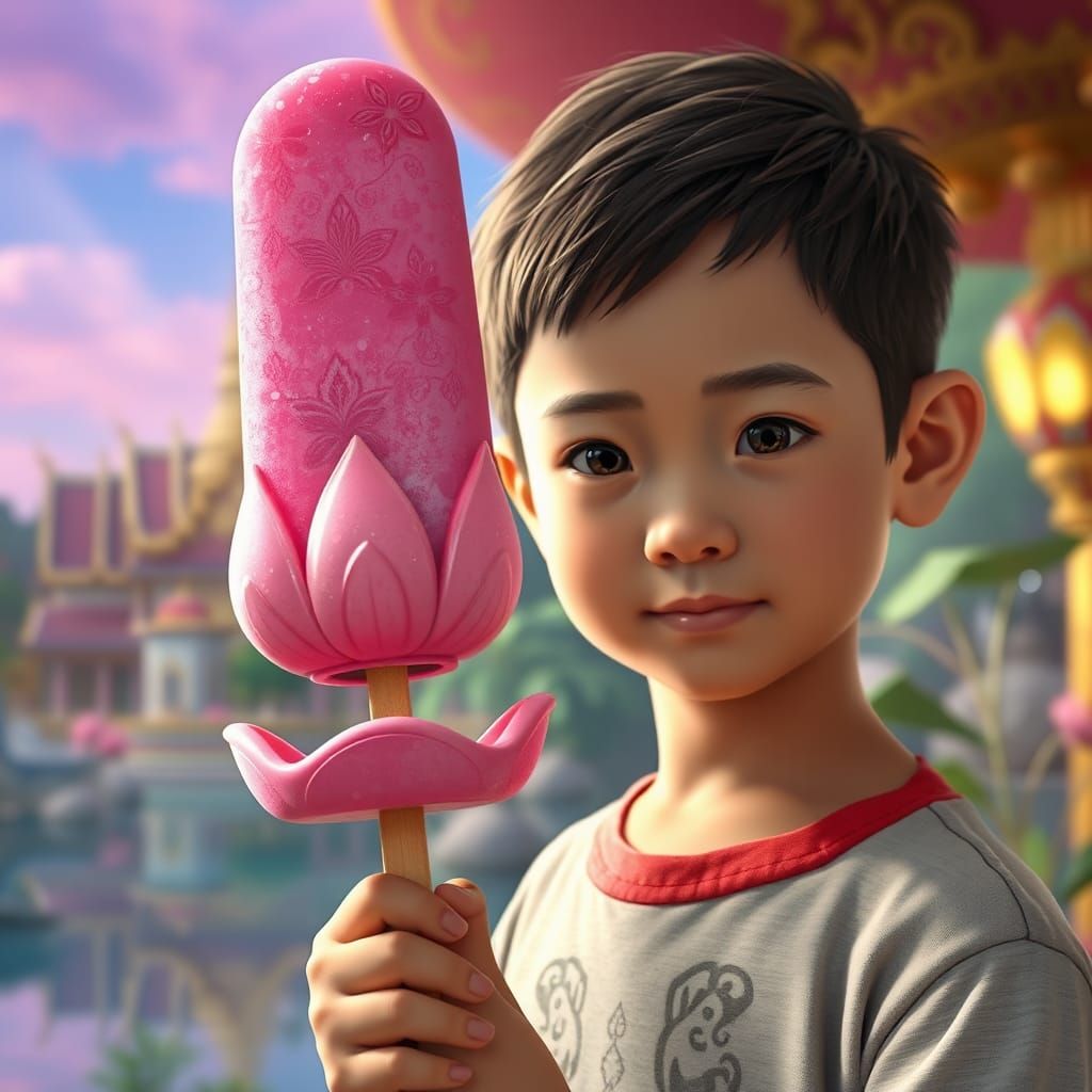 Japanese Boy with Lotus Ice Cream, Matte Painting