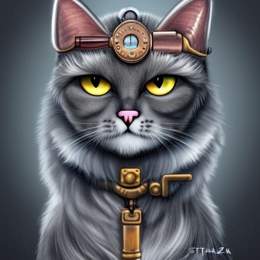Cute Steampunk Cat Illustration in High Detail