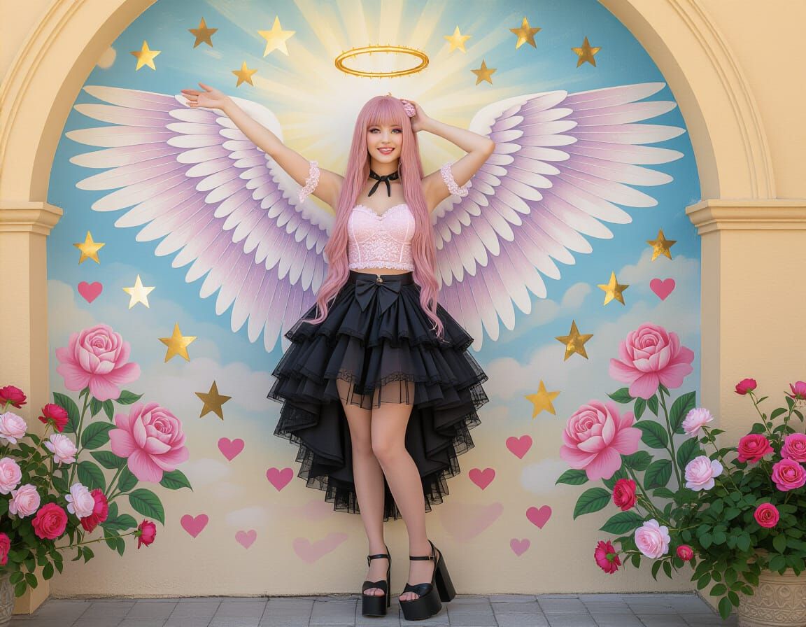 Gothic Woman with Angel Wings Mural in Graffiti Art Style