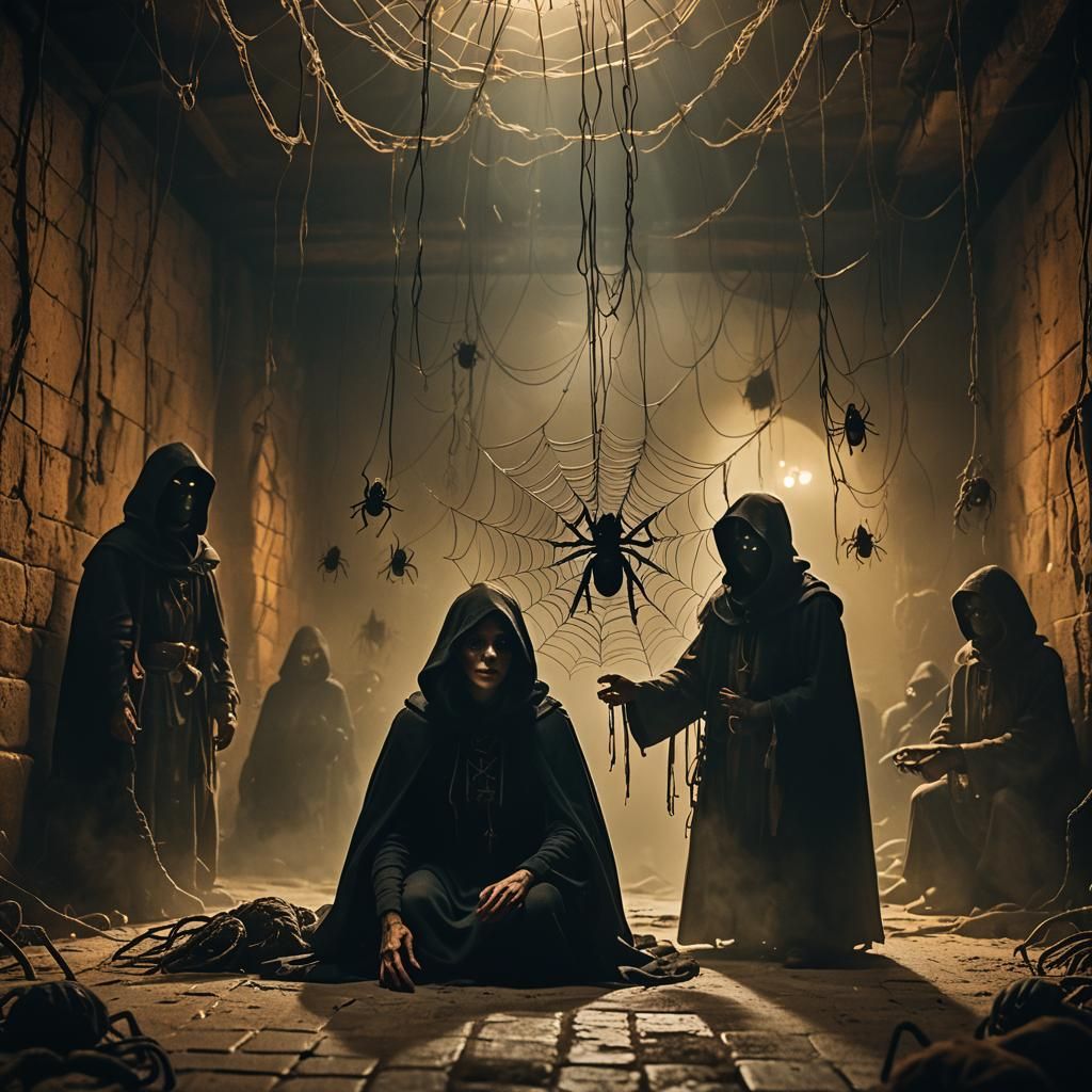 Spider Mother with Cultists in Cinematic Style