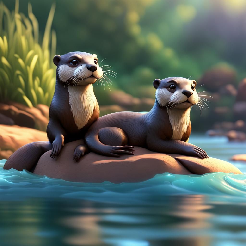 Playful River Otters in 3D Digital Art