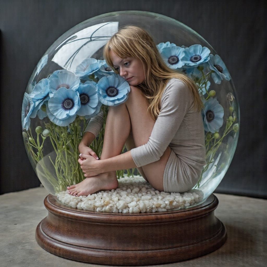 Figurine Trapped in Snow Globe with Blue Poppies
