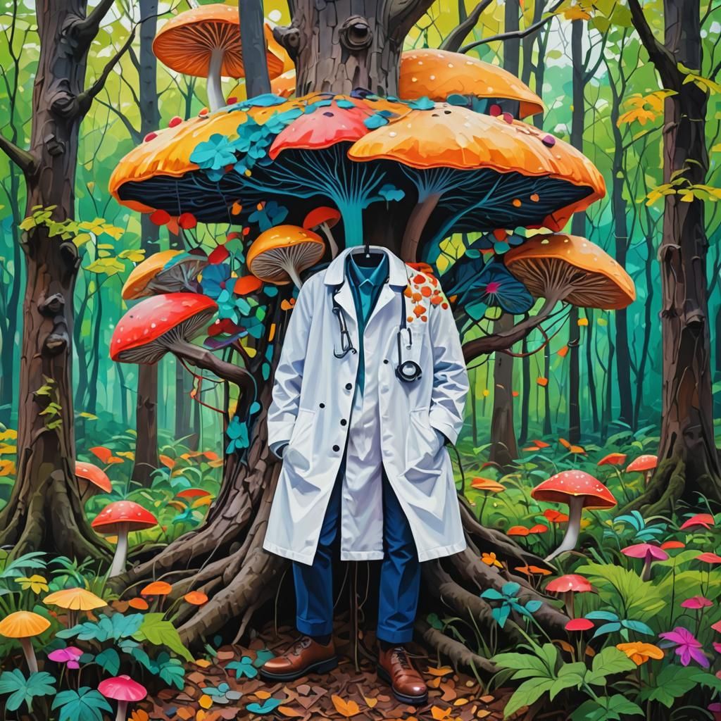 Mushroom Doctor Resting in Colorful Forest: Abstract Art