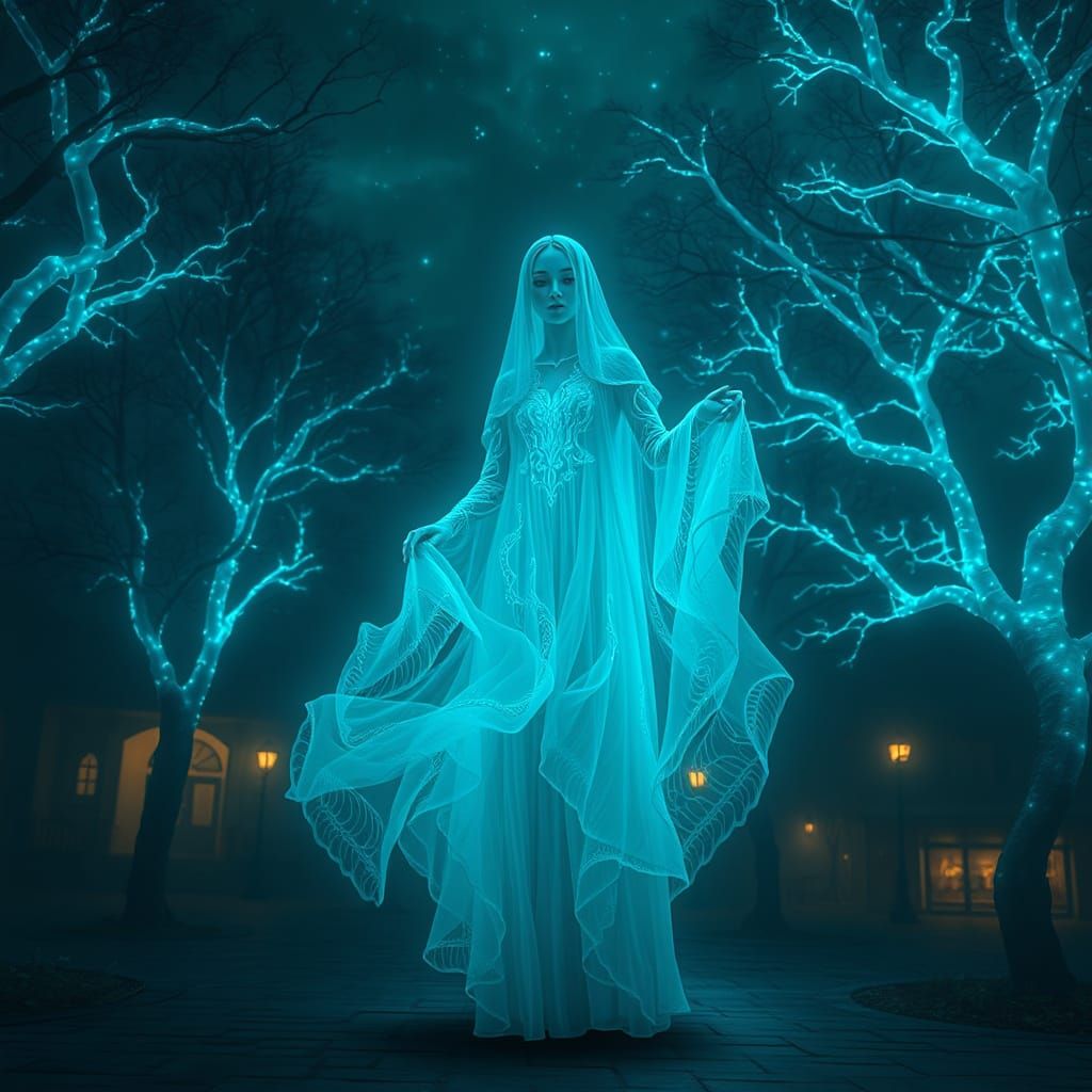 Surreal Ghost in Dreamlike Town Square Scene