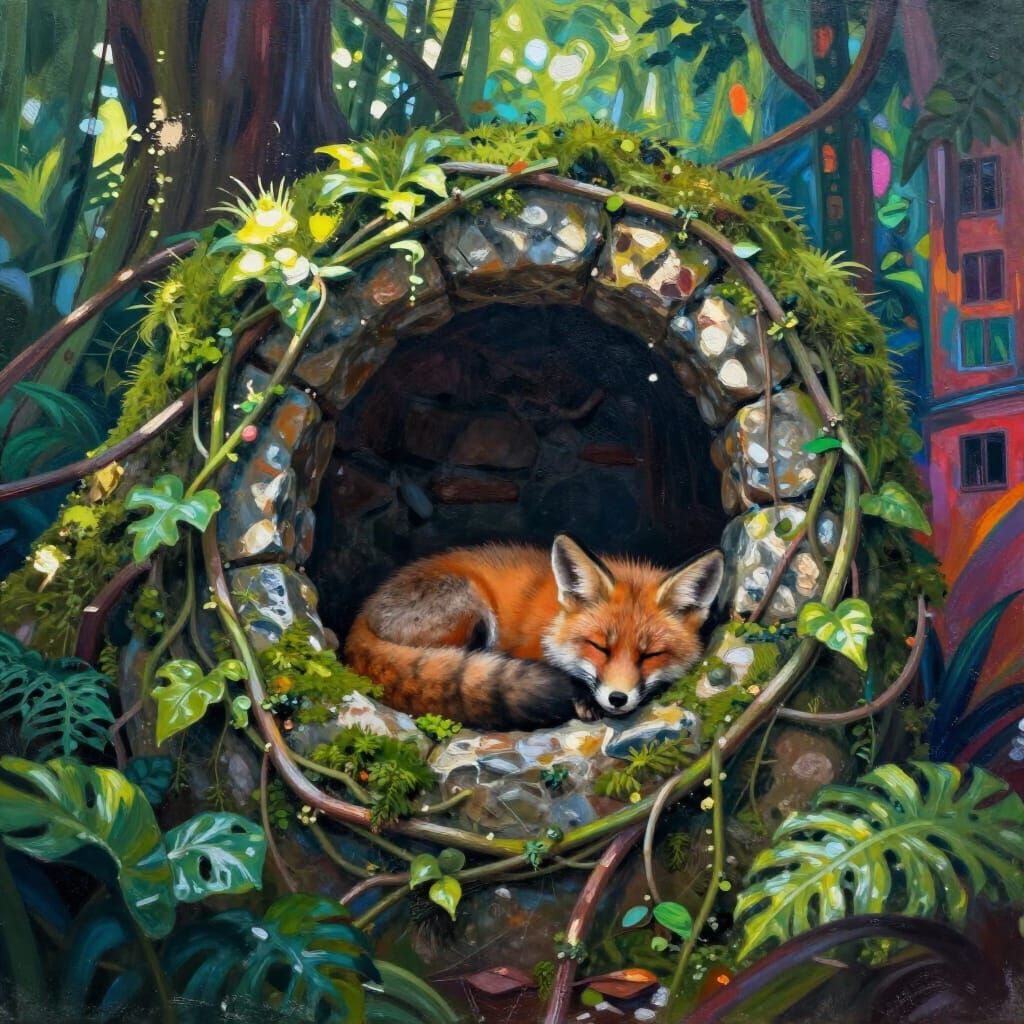 Sleeping Fox Kit in Jungle Alcove Urban Art Style