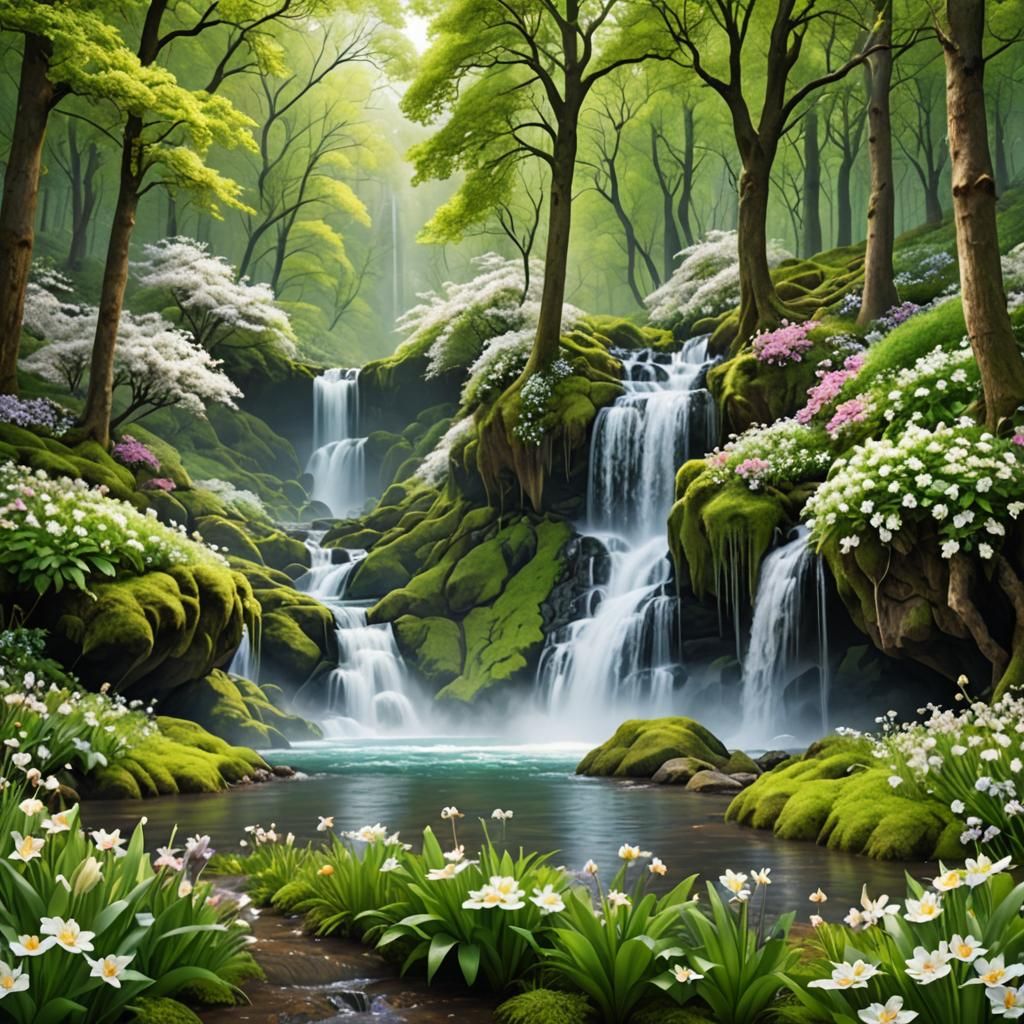 Hyperrealistic Spring Forest with Waterfall