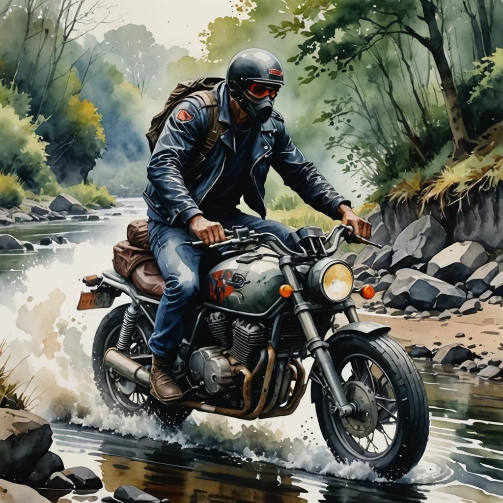 Melancholic Shadowrunner on Motorbike in Watercolor Style