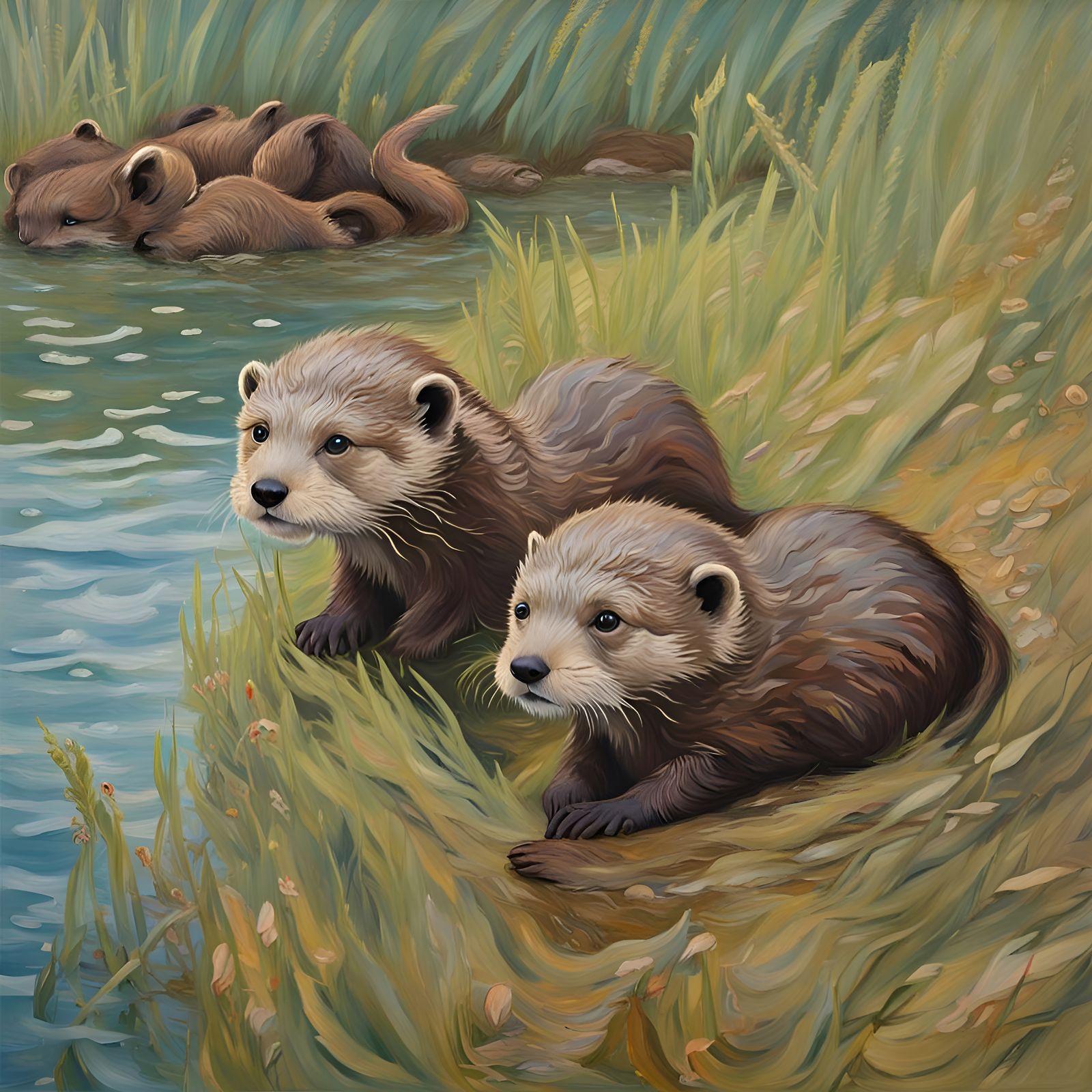 Otter Pups Swimming in Post-Impressionistic Style