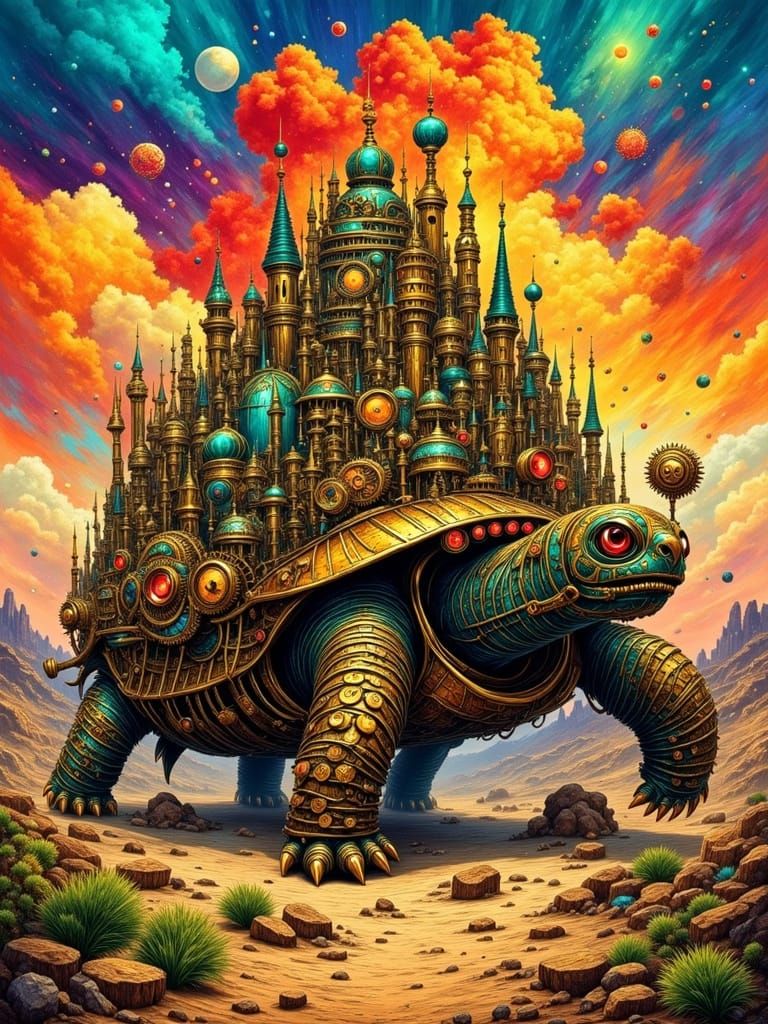 Steampunk City on Giant Tortoise Traversing Desert