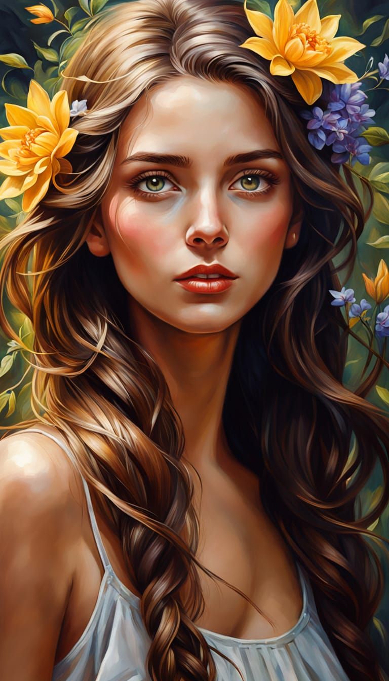 Ethereal Pre-Raphaelite Woman in Whimsical Floral Surroundin...