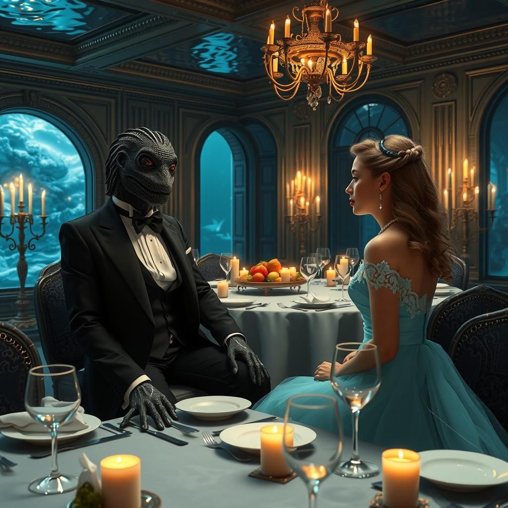Aquatic Creature and Elegant Girl in Submerged Palace