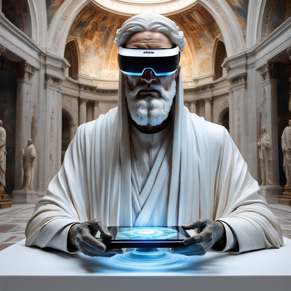 Futuristic Religious Art: Marble Sculpture with VR Headset