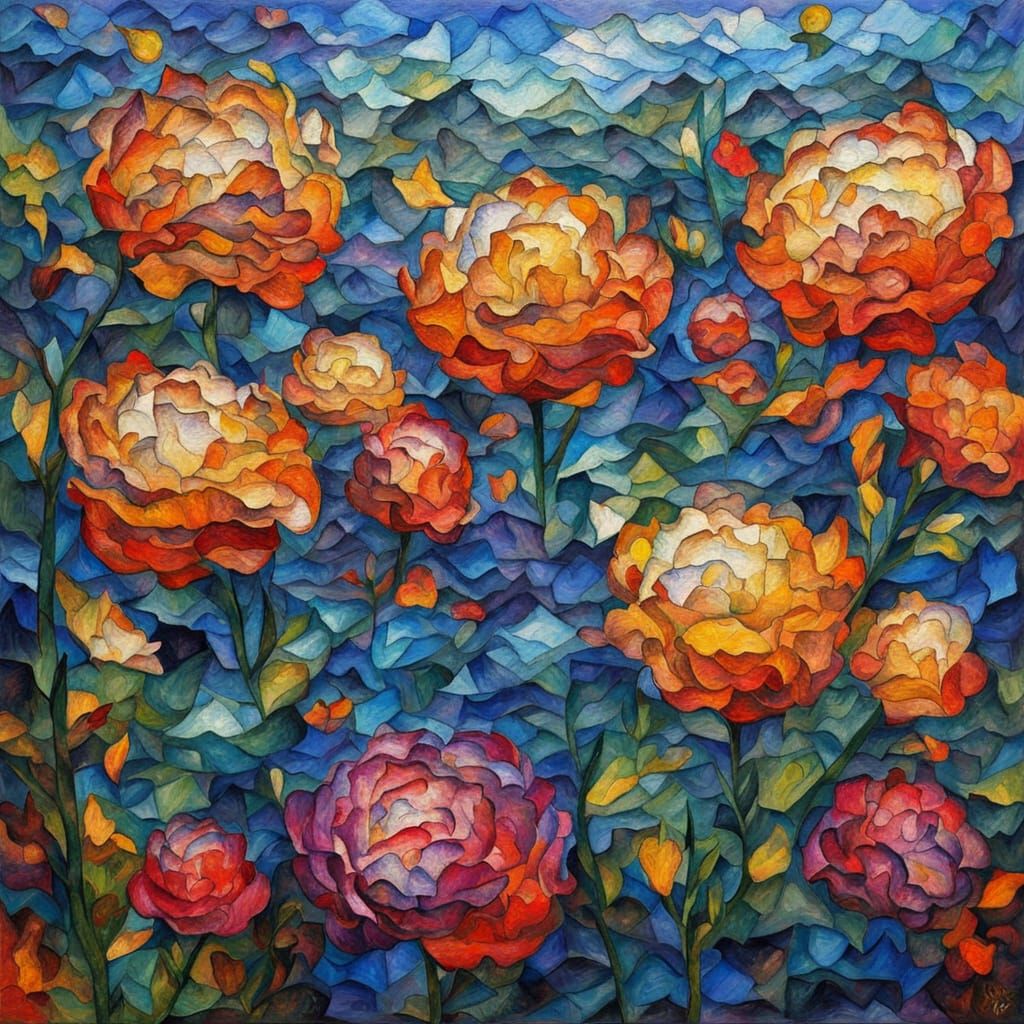 Distorted Gods Exchange Peony Flowers in Whimsical Folk Art