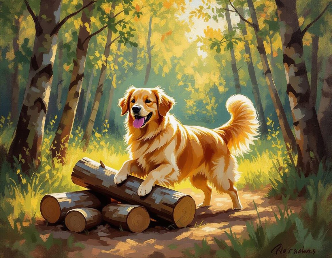 Happy Golden Retriever Plays with Logs in Sunlit Forest Clea...