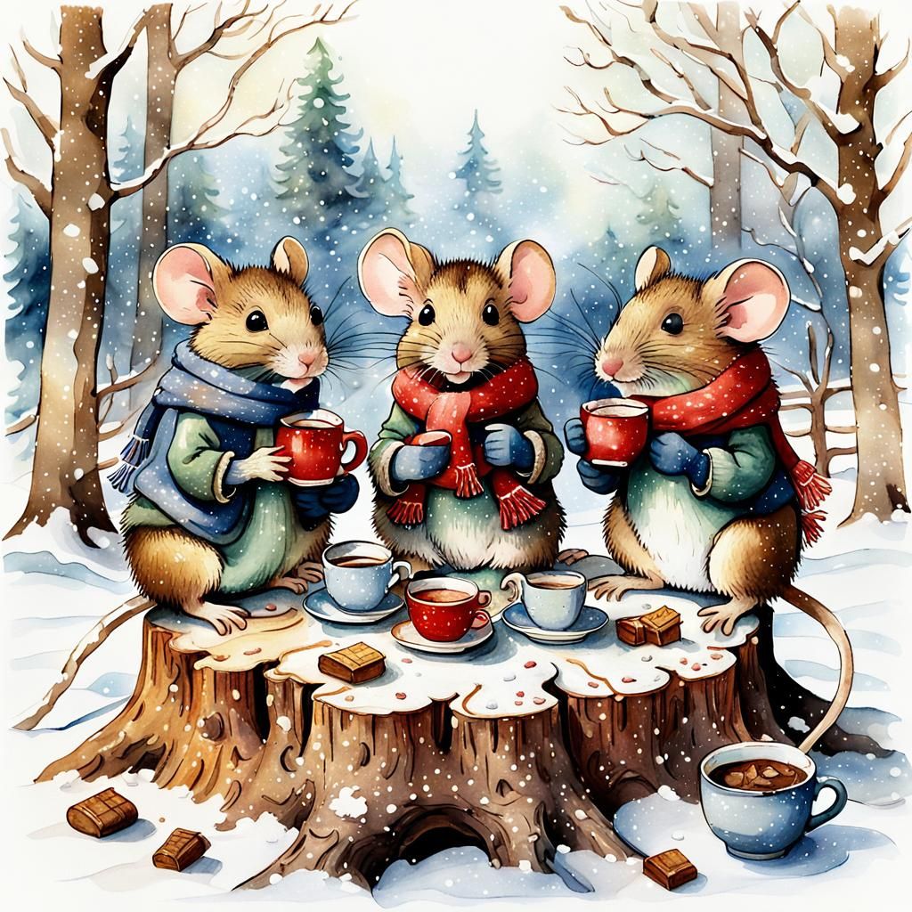 Charming Mice Tea Party in Watercolor Style
