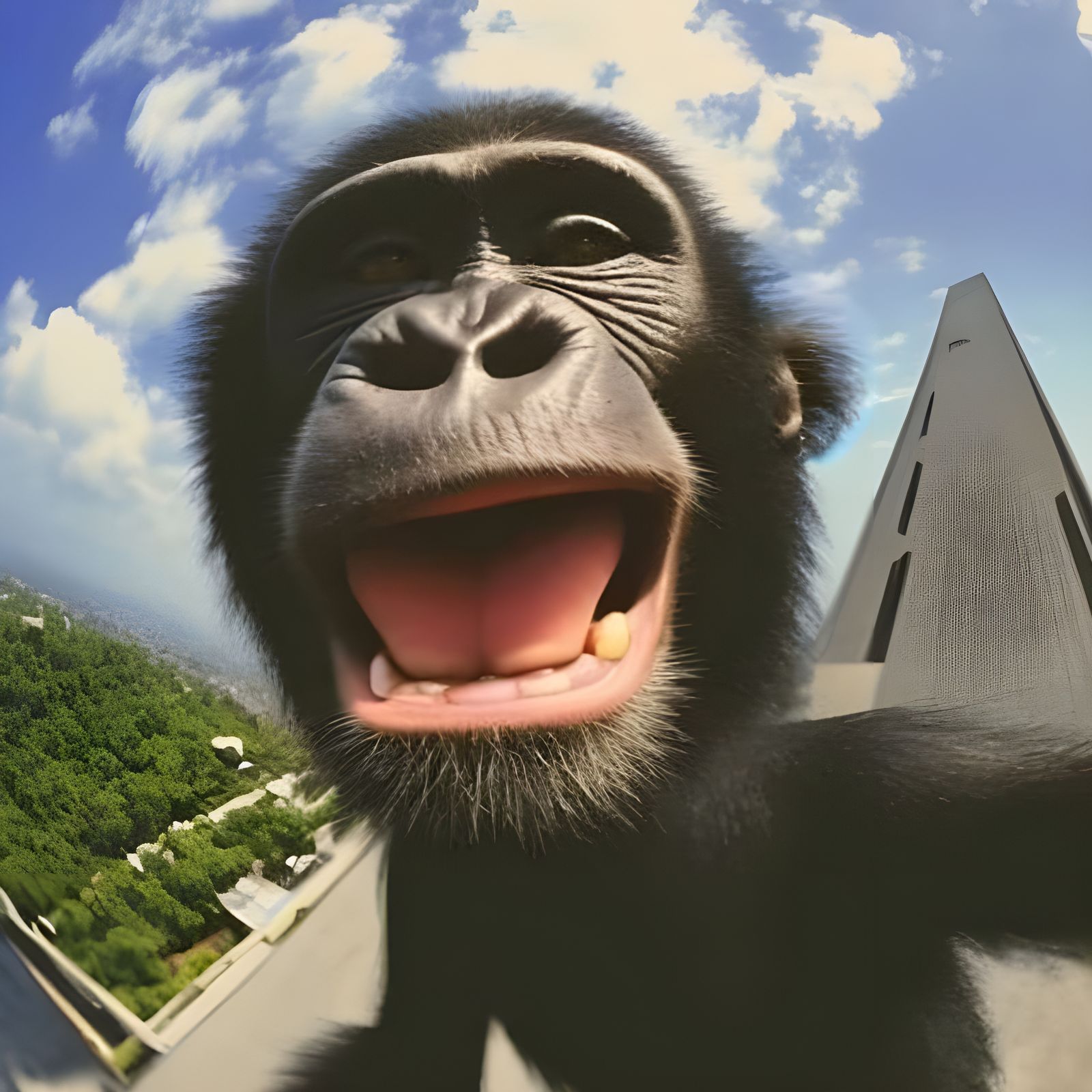 Chimpanzee Selfie on Skyscraper: Risky Digital Art