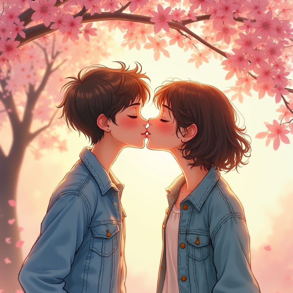 Romantic Cherry Blossom Kiss in Whimsical Watercolor Style
