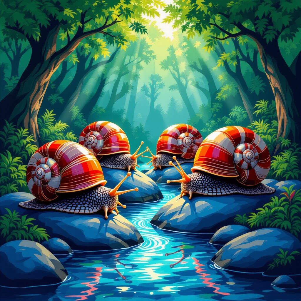 Giant Red Snails in Lush Forest Stream