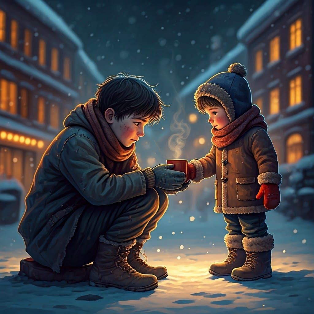 Kindness Warms a Winter Scene: Hyperrealistic Rendering