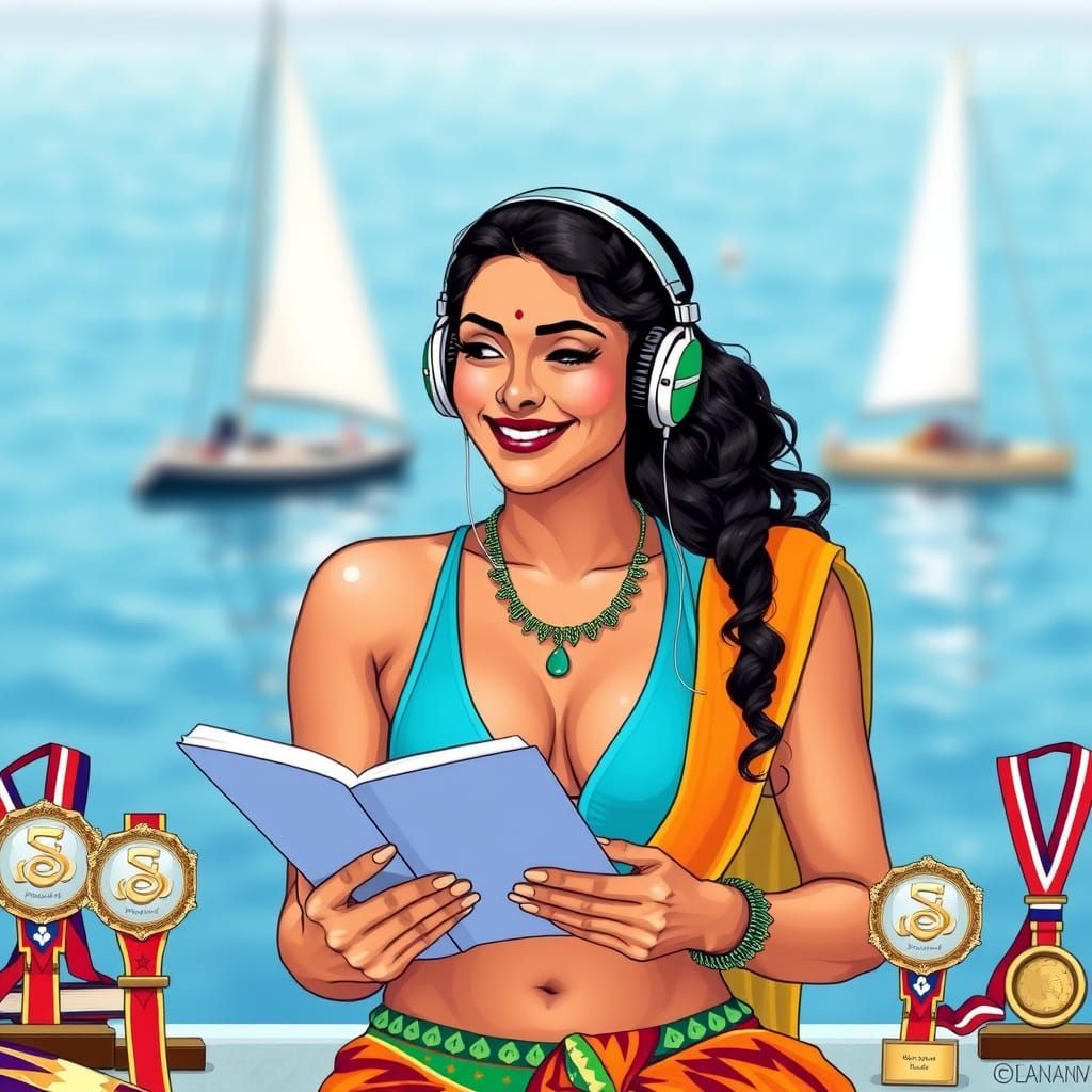 Bare-Chested Woman Studying in Indian Outfit