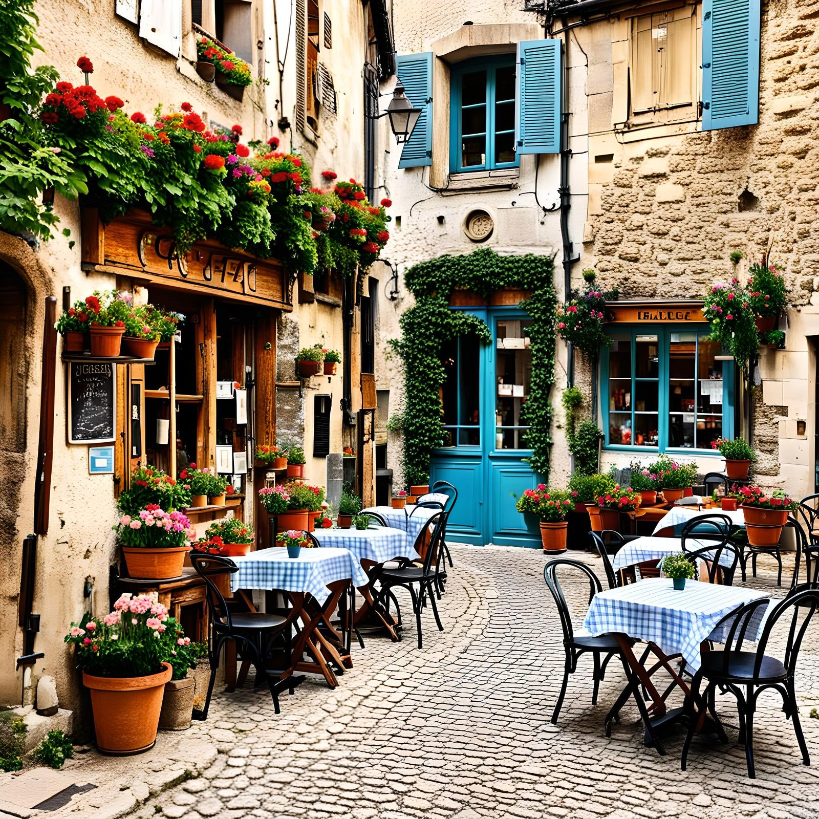 Picturesque French Village Cafe with Flower Pots