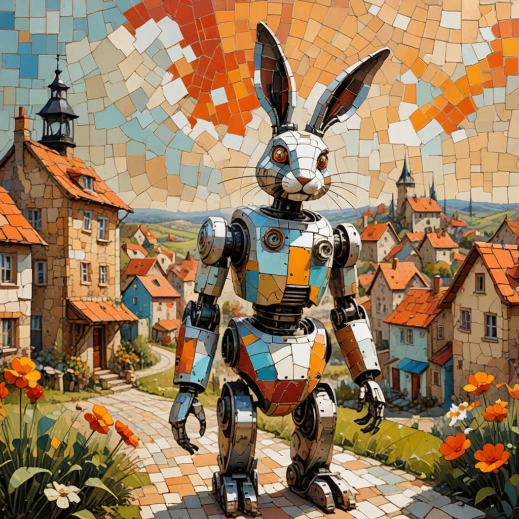 Robot Rabbit in Whimsical Village Collage Art
