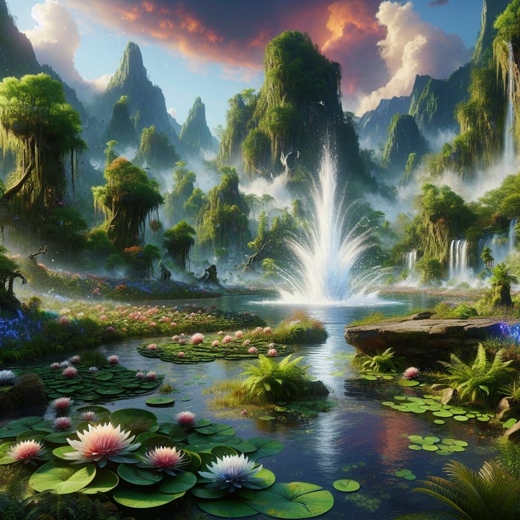 Fantasy Marsh Geyser in Detailed Matte Painting