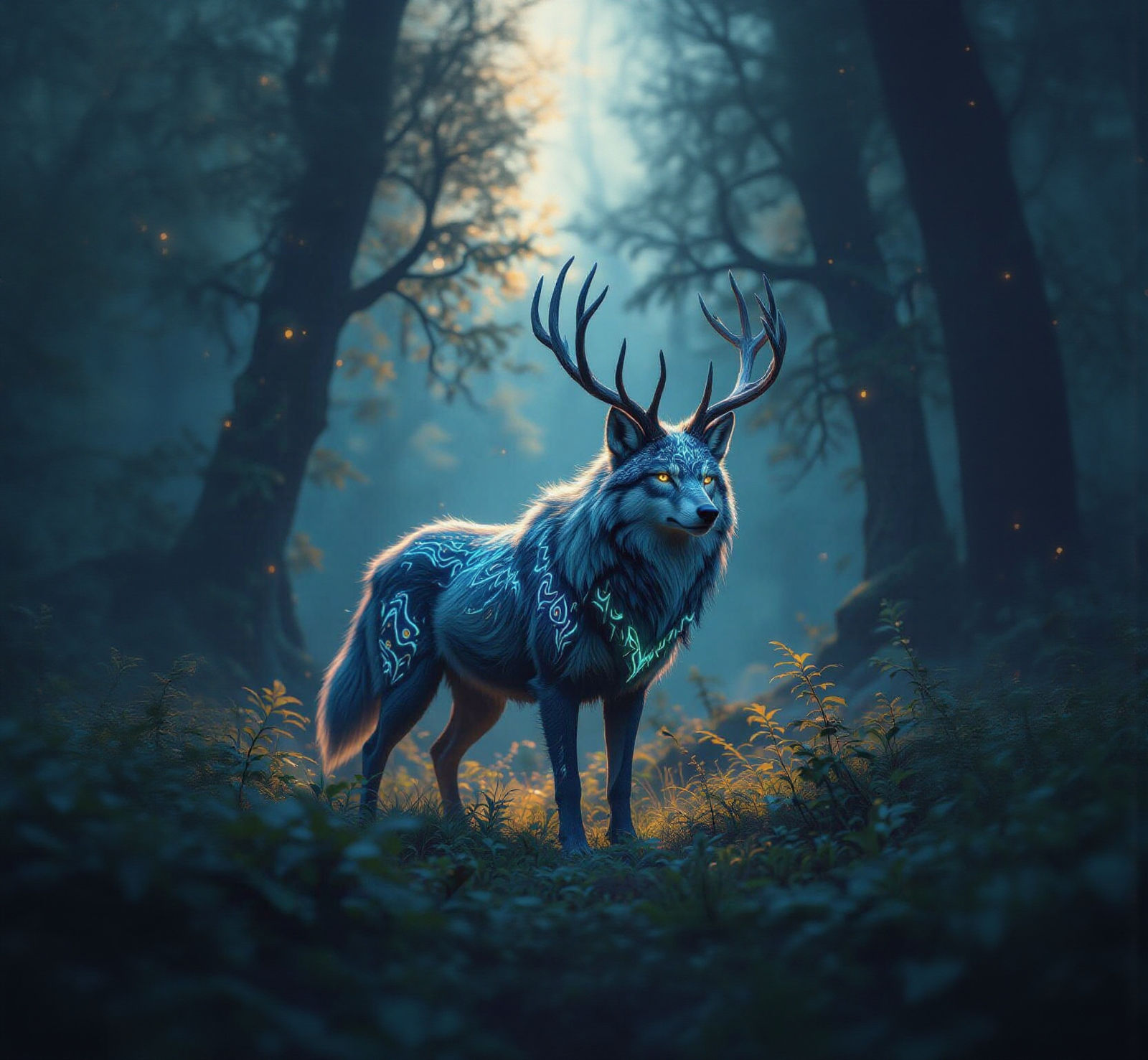 Majestic Wolf-Deer Hybrid in Mystical Forest