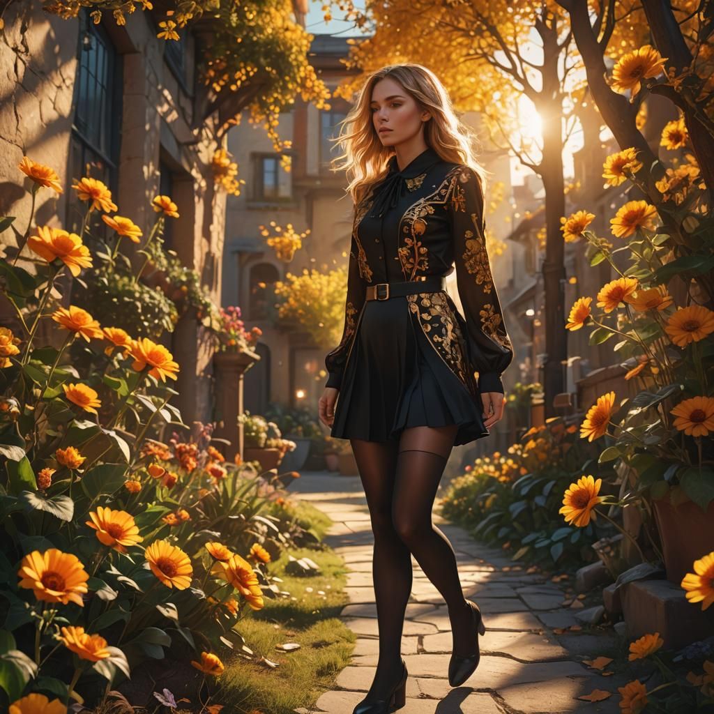 Girl in Pantyhose Walking in Golden Sunlight