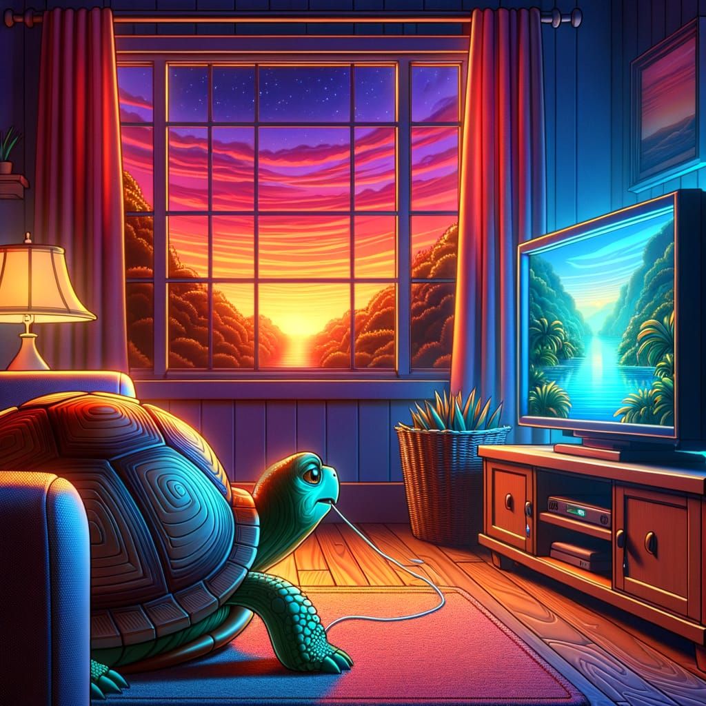 A Turtle Enjoys Sunset TV Time in a Vintage Animation-Inspir...
