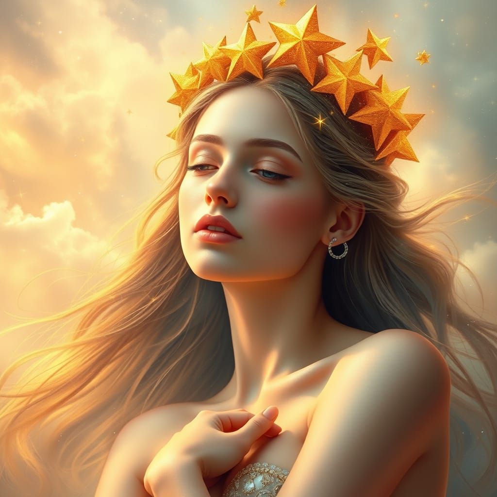 Golden Goddess of Celestial Magic in Dreamy, Iridescent Skie...