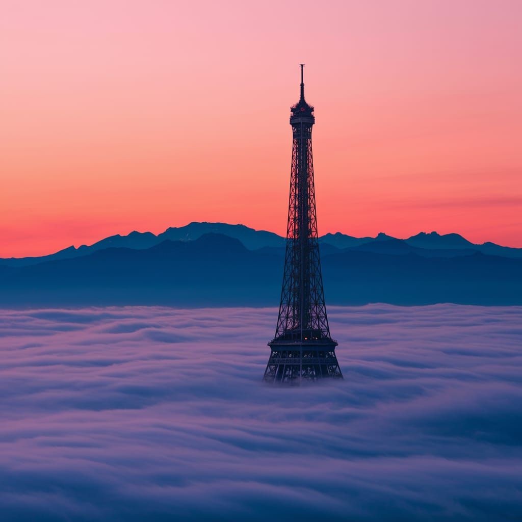 Eiffel Tower Peaks Through Clouds at Sunset