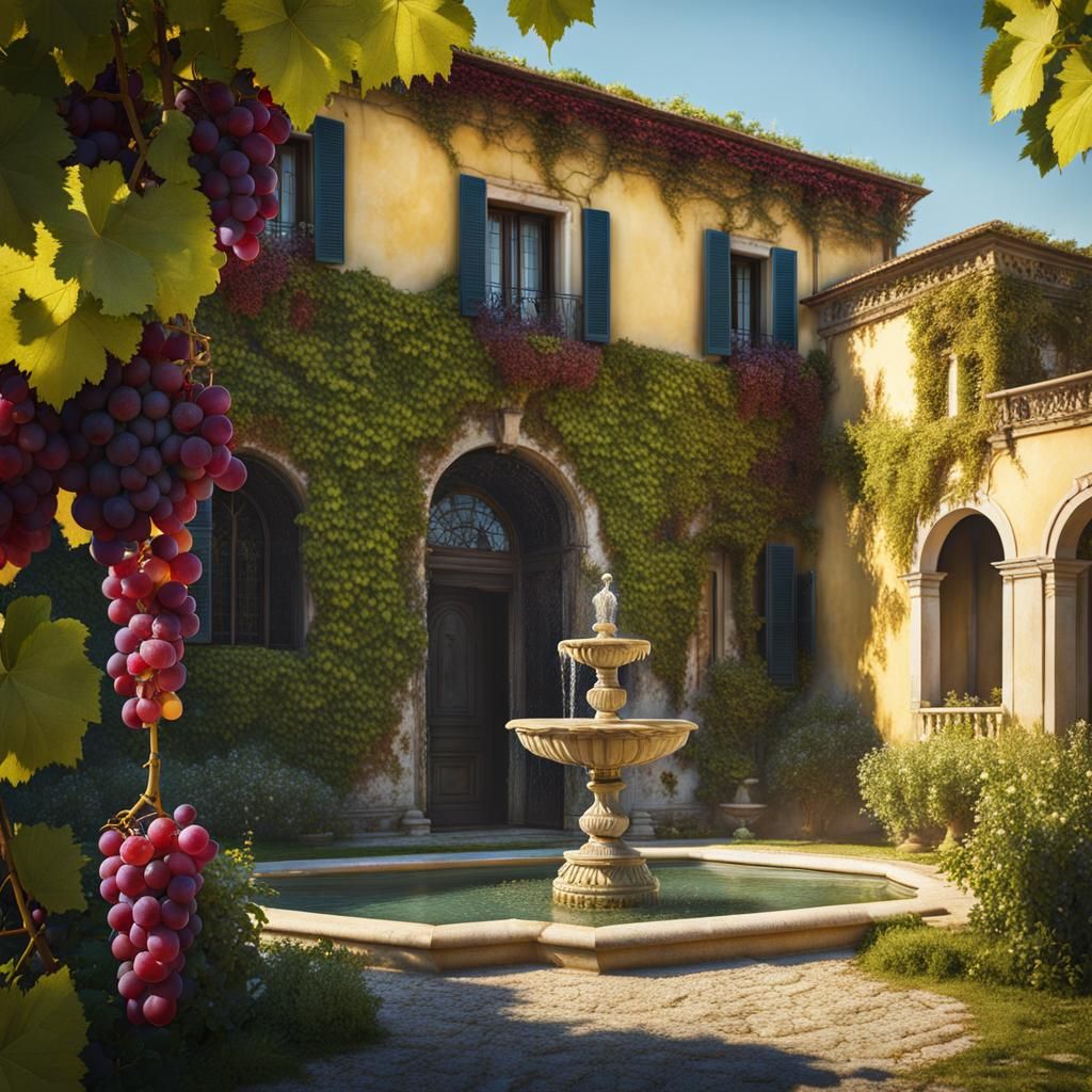 Italian Villa Courtyard with Grape Vines