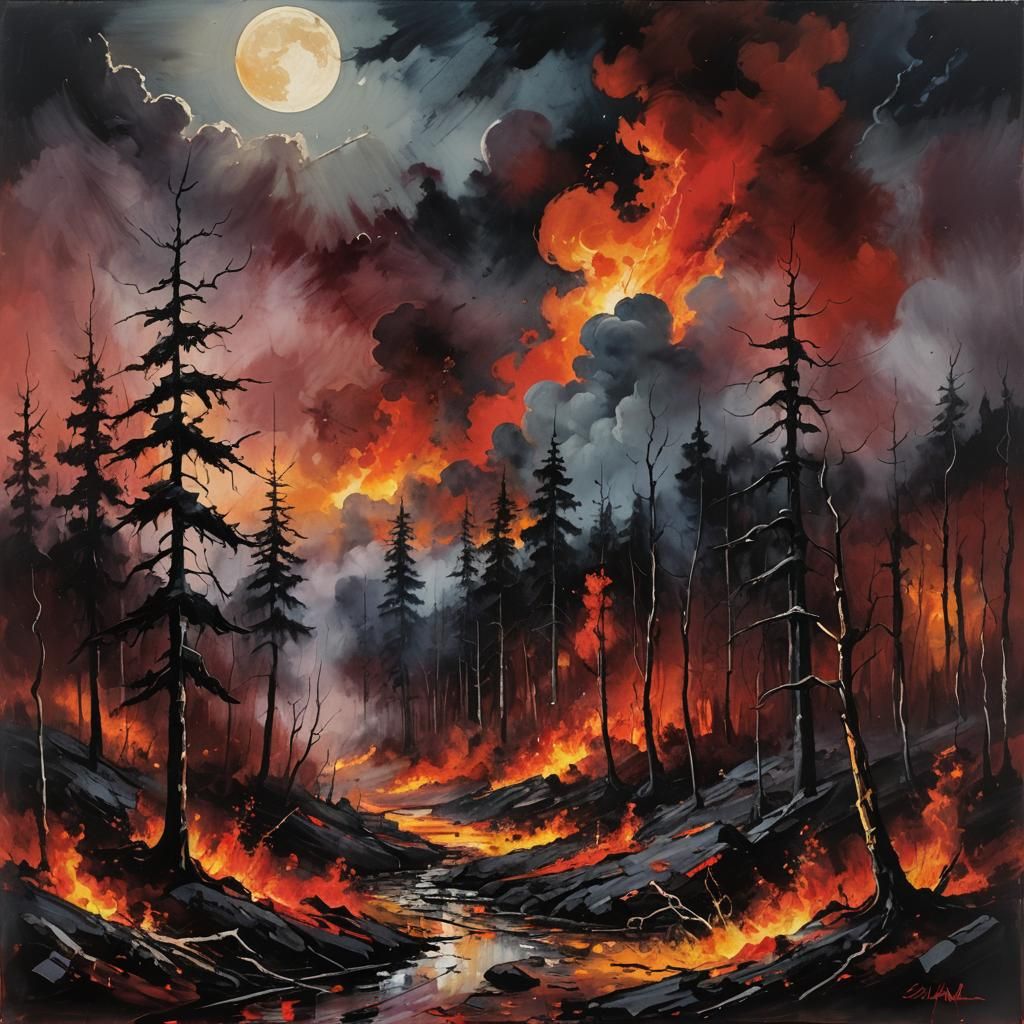 Forest Ablaze Under Crimson Moon: Expressionist Painting