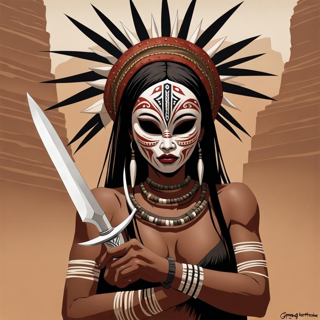 Tribal Woman with Mask and Dagger: Sinister Fantasy Art
