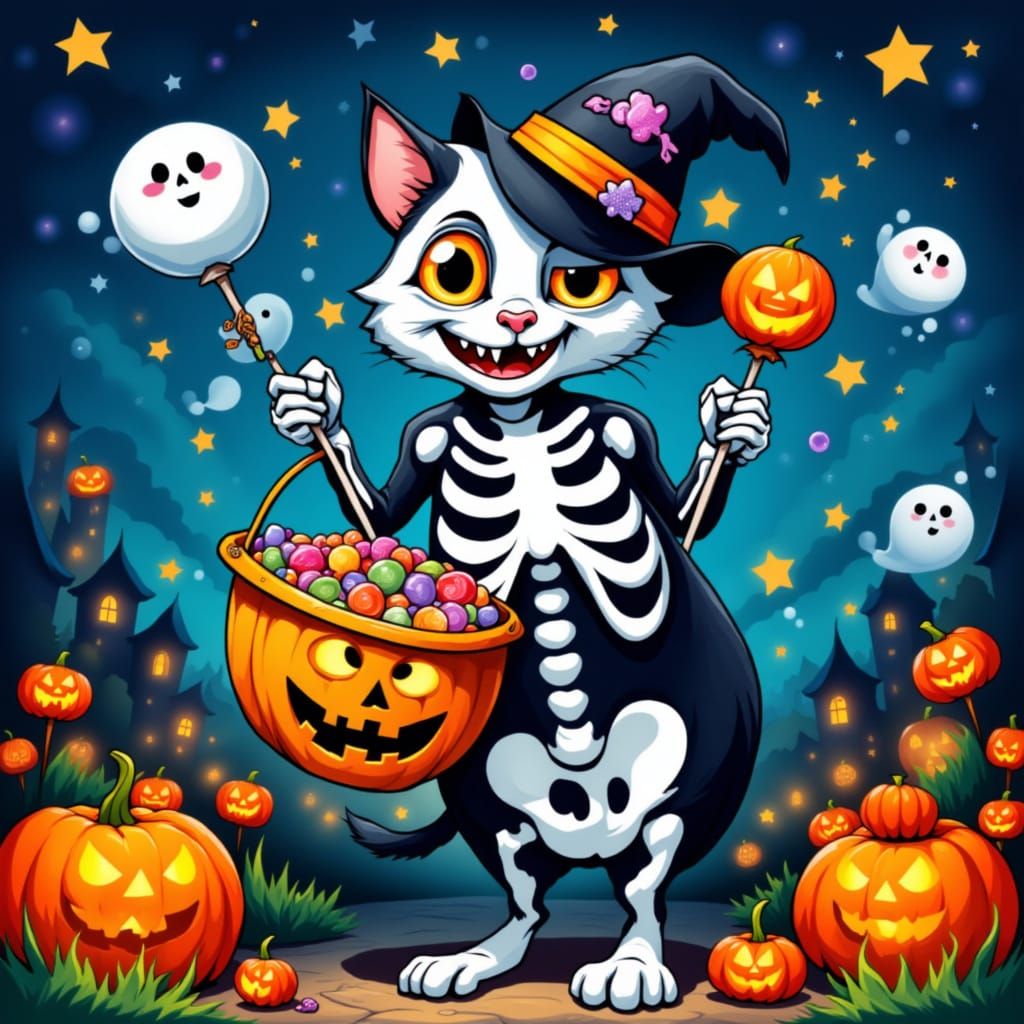 <lora:Fantastique:1.0> Un chat déguisé en squelette tient un seau rempli de bonbons, sucettes, entouré de citrouilles et...