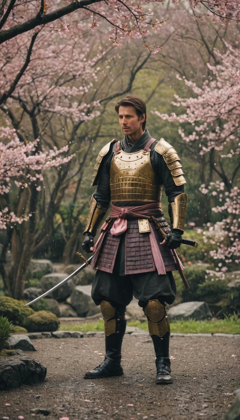 Samurai in Japanese Garden: Cinematic Film Still