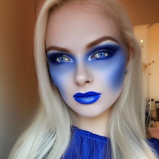 Platinum blonde beauty queen with cobalt blue make up