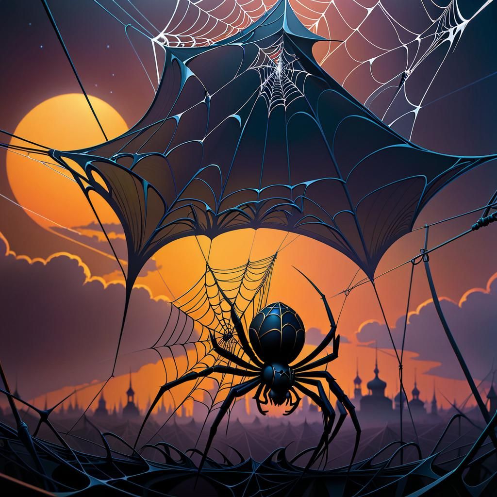 Surreal Spiderweb Illustration in Cel-Shaded Style