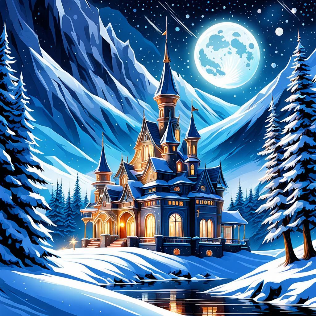 Christmas Castle Under Glistening Stars, Digital Illustratio...