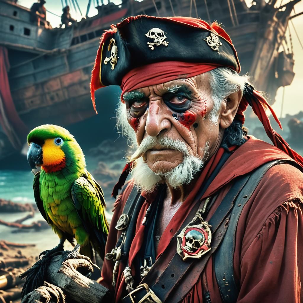 Cinematic Pirate With Parrot at Red Dawn