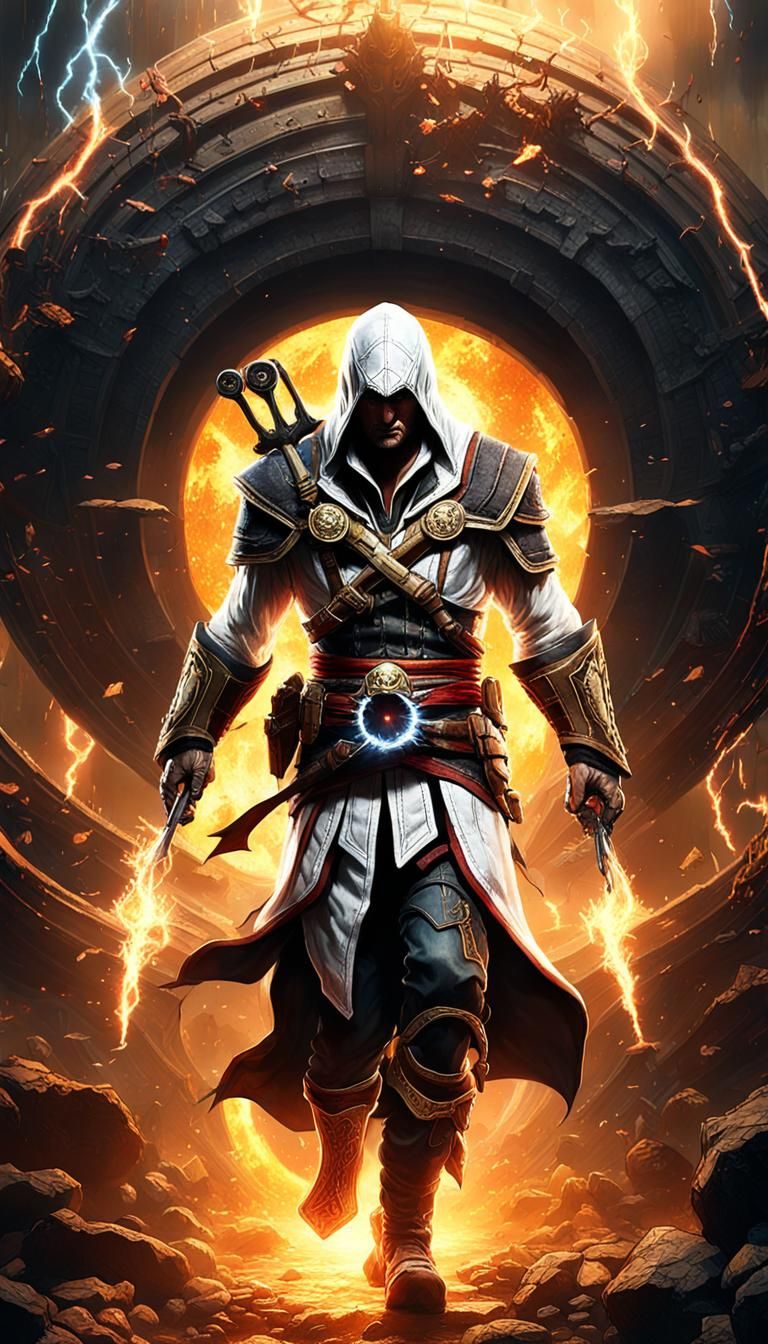 Assassin Emerges from Portal in Hyperrealistic Style