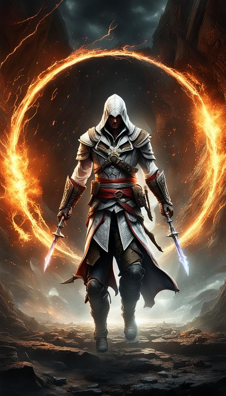 Assassin Emerges from Portal with Cosmic Horror Elements