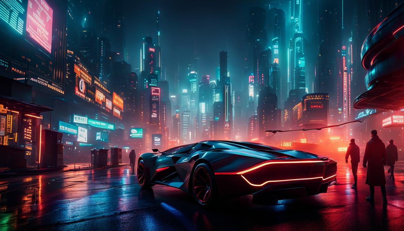 Cyberpunk Cityscape with Flying Cars in Deep Color