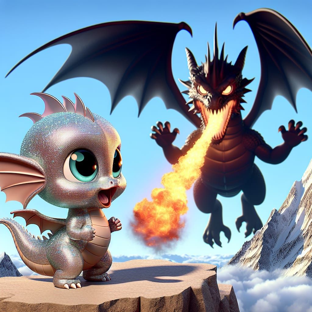 A Disney Pixar style 3D adorable glittery baby dragon, flyin...