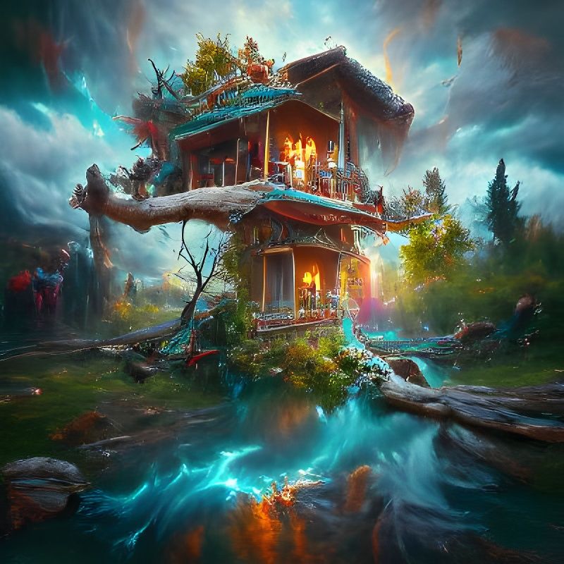 Hyperrealistic Treehouse Oil Painting in Natural Landscape