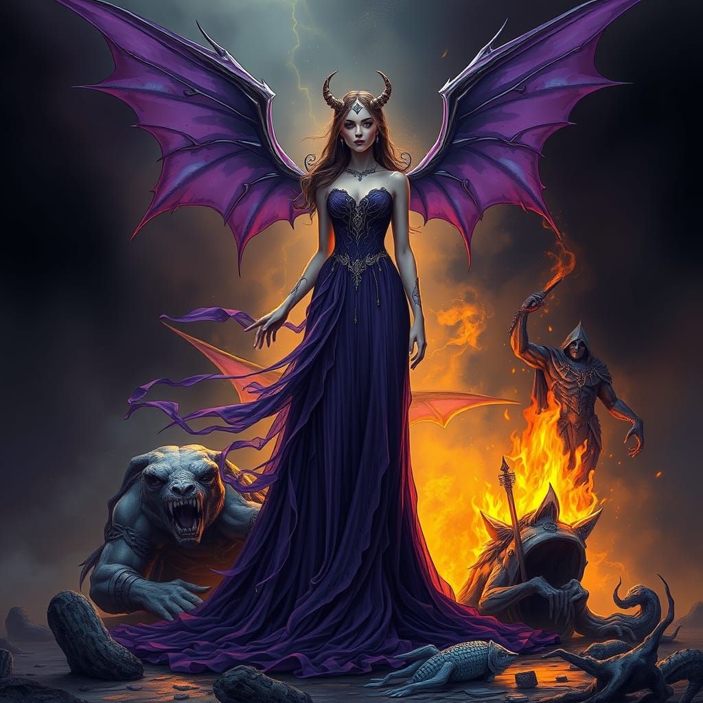 Dark Fantasy Queen in Alcohol Line Art Style